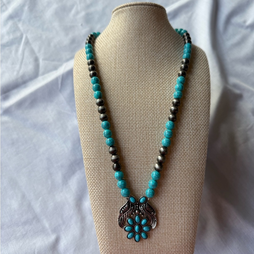 Turquoise and Silver Floral Pendant Necklace